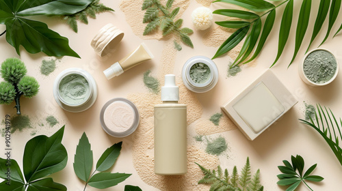 Natural cosmetic, skincare product for face and body care. Eucalyptus cosmetic, spa product at white table.