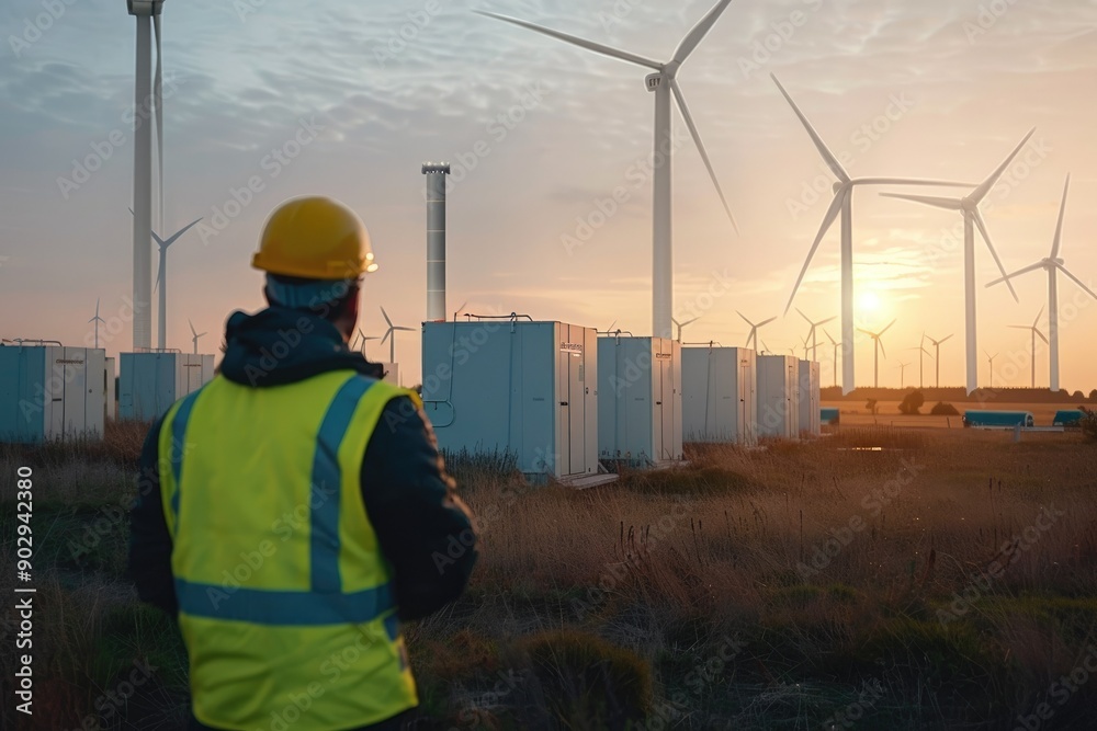 Engineer inspects wind turbine farm at sunset for renewable energy.