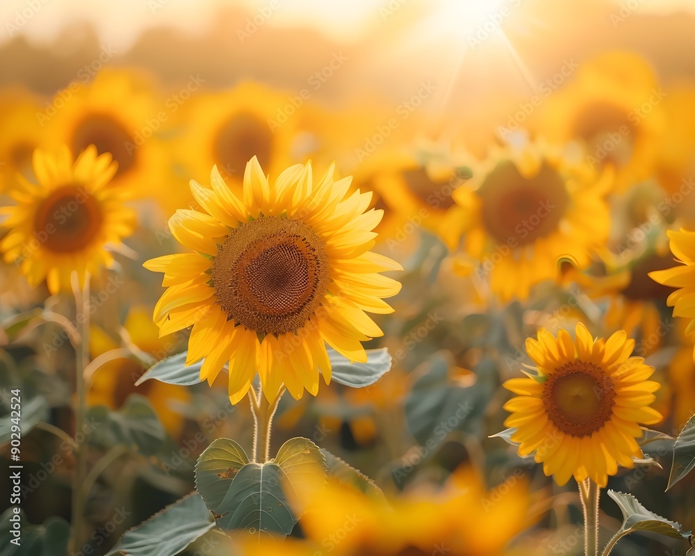 Fototapeta premium A Vibrant Field of Sunflowers Reaching Towards the Warm Embrace of the Sun Symbolizing Optimism and New Beginnings