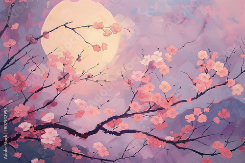 Wallpaper Mural japanese cherry trees and moon in the sky painting Torontodigital.ca