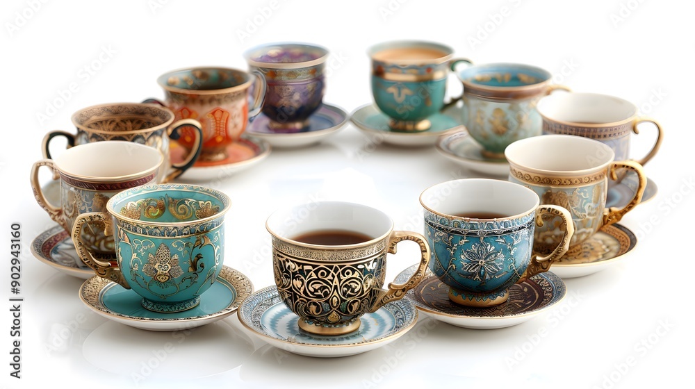 Exquisite Collection of Decorative Teacups Arranged in a Circle Exquisite Collection of Decorative Teacups Arranged in a Circle