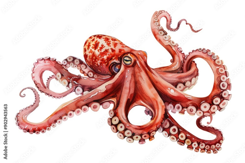 Obraz premium Watercolor Octopus Set. Hand-drawn Mediterranean Seafood Delicacy on White Plate
