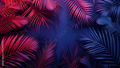 Modern layout installed with tropical colorful plants forest glow in the dark background. Stylized as futuristic art.