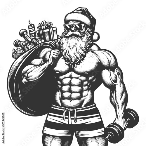 muscular Santa Claus in sunglasses, with sack of gifts and holding a dumbbell sketch engraving generative ai fictional character vector illustration. Scratch board imitation. Black and white image.