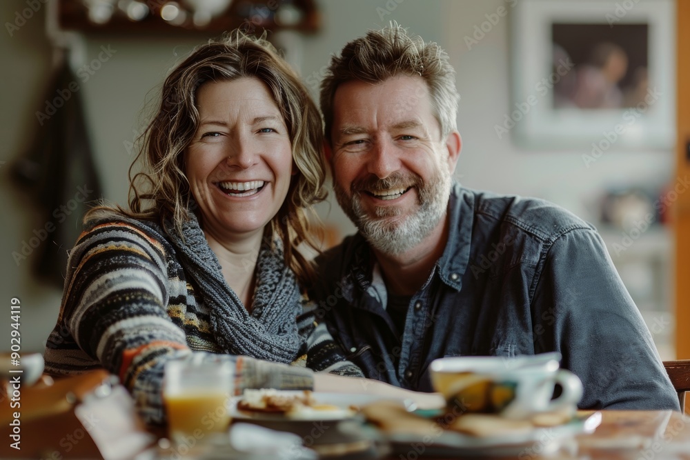 Portrait of a smiling caucasian couple in their 40s having breakfast together Portrait of a smiling caucasian couple in their 40s having breakfast together