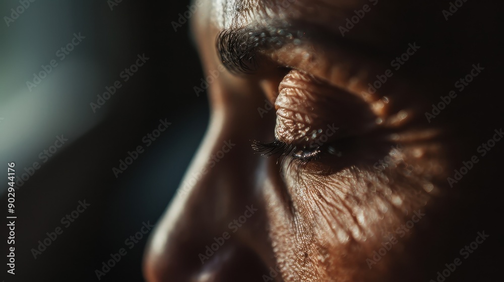 This image captures the close-up of a person’s eye with detailed skin textures and beautiful, intricate lines and shadows, showcasing the beauty of human skin. This image captures the close-up of a person’s eye with detailed skin textures and beautiful, intricate lines and shadows, showcasing the beauty of human skin.