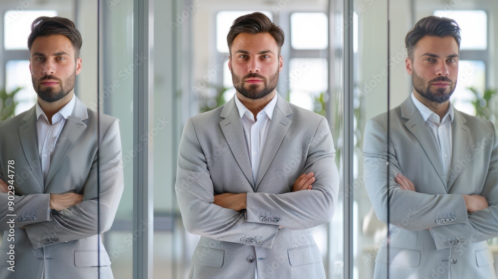 Generative ai photo collage of smart successful business person standing in office with crossed arms Generative ai photo collage of smart successful business person standing in office with crossed arms