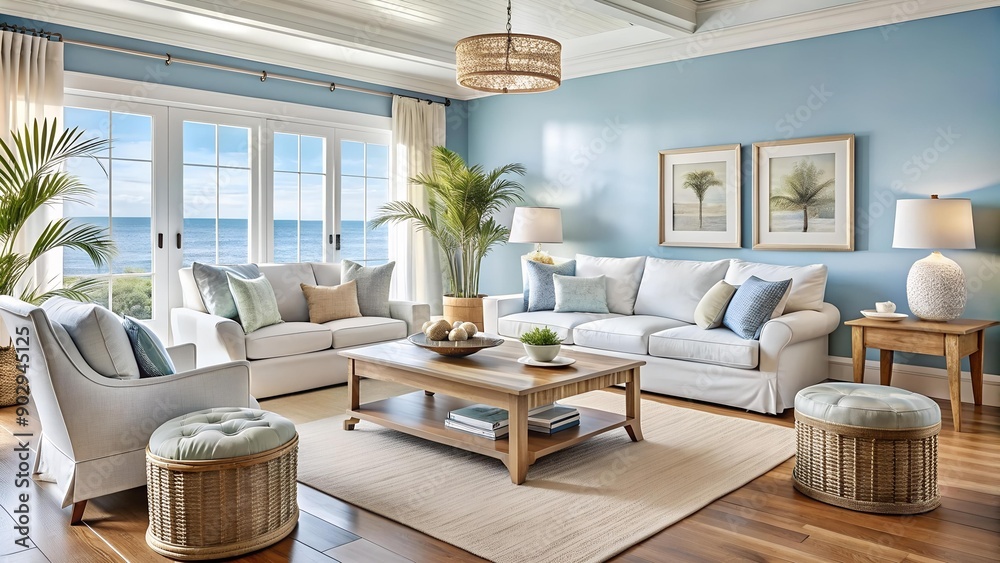 Serene Coastal Living Room: A Sanctuary of Blue and White AI Generated Serene Coastal Living Room: A Sanctuary of Blue and White AI Generated