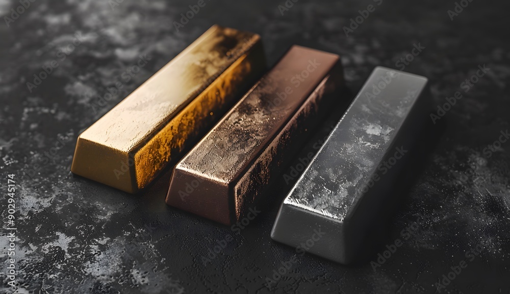 different metallic bars, one of them is a gold bar, the other are silver and bronze, all laying on a black background, 
