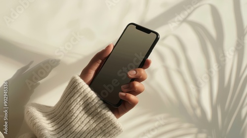 Hand holding phone slight angle gen z klarna neutral background photo