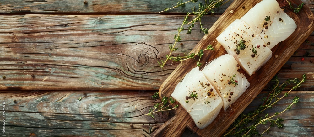 Raw cod fillets with thyme are displayed on a wooden board against a wooden backdrop in a top view photo with ample copy space image Raw cod fillets with thyme are displayed on a wooden board against a wooden backdrop in a top view photo with ample copy space image