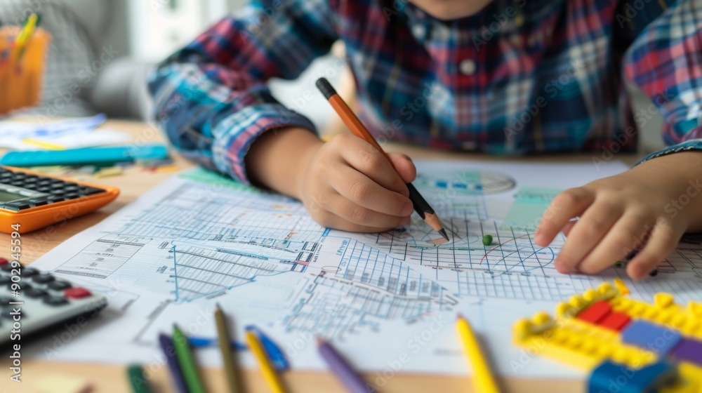 A child concentrates on a drawing, using colored pencils on graph paper surrounded by stationery and educational tools. A child concentrates on a drawing, using colored pencils on graph paper surrounded by stationery and educational tools.