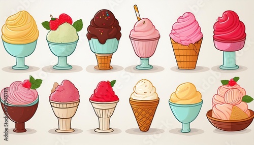 Set of different ice creams, sundaes, gelatos. photo