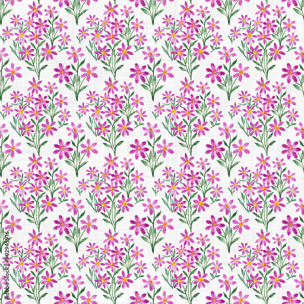 Fototapeta premium Seamless pattern with hand drawn watercolor pink flowers on linen texture background