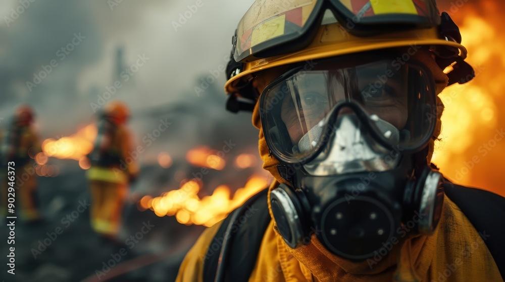 A firefighter in full protective gear is seen in the midst of flames and smoke, engaging in brave efforts to control the raging inferno and protect lives and property. A firefighter in full protective gear is seen in the midst of flames and smoke, engaging in brave efforts to control the raging inferno and protect lives and property.