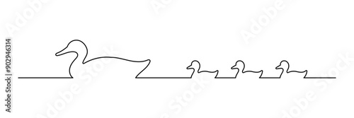 line illustration of a mother duck with her chicks swimming, editable stroke