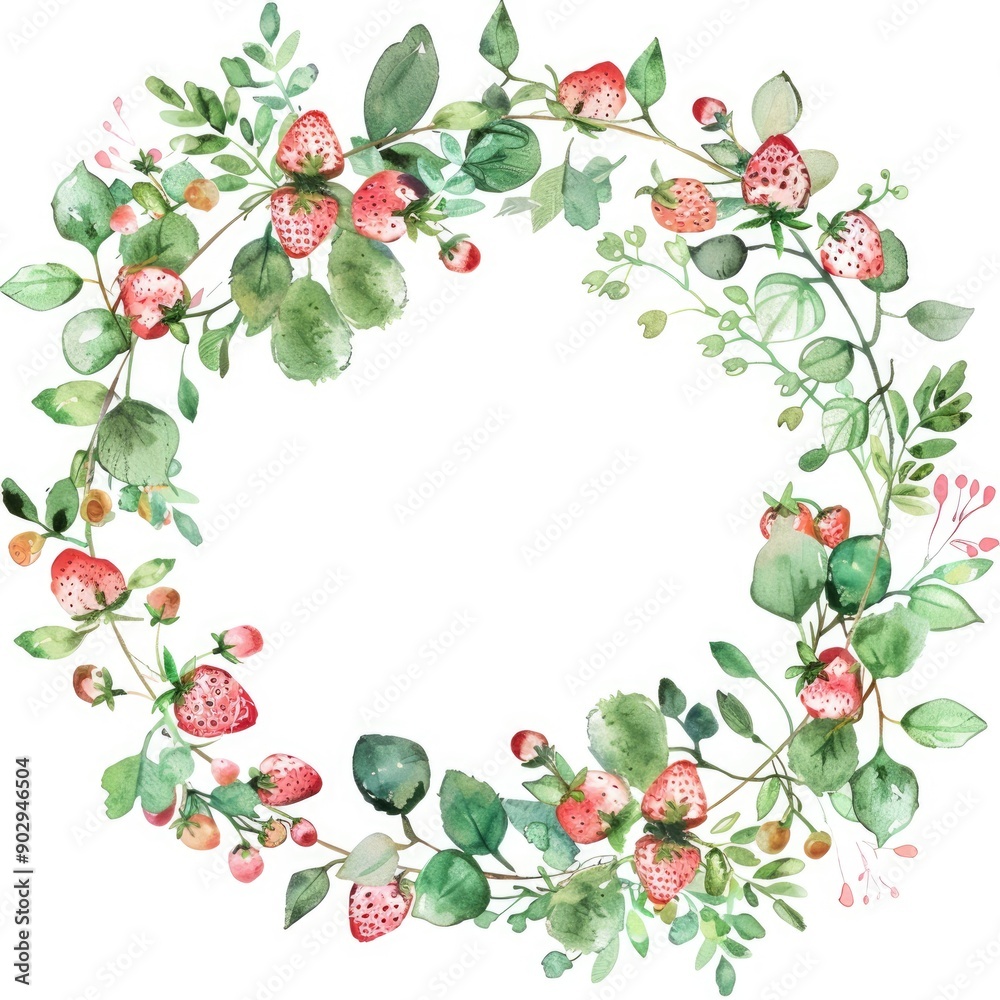 Wedding Invitation Design with Strawberry Wreath in Soft Watercolor Style Wedding Invitation Design with Strawberry Wreath in Soft Watercolor Style
