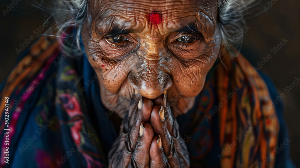 Elderly indian woman is standing with her hands clasped in prayer Elderly indian woman is standing with her hands clasped in prayer