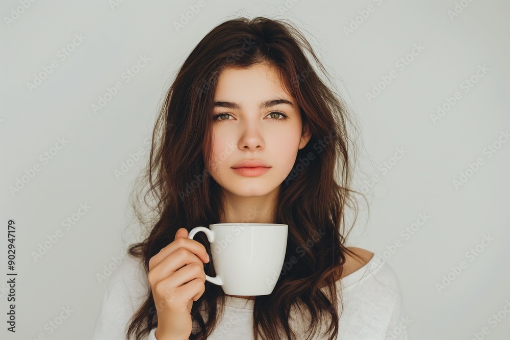Young woman enjoying a relaxing morning at home, holding a cup of cappuccino. Young woman enjoying a relaxing morning at home, holding a cup of cappuccino.