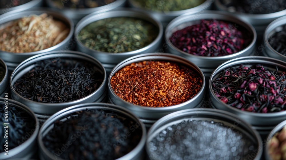 An intricate arrangement of spices and herbs in round tins, featuring vibrant colors and varied textures, showcasing the beauty and diversity of cooking ingredients. An intricate arrangement of spices and herbs in round tins, featuring vibrant colors and varied textures, showcasing the beauty and diversity of cooking ingredients.