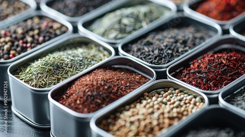 An array of spices displayed in metal tins, each featuring unique textures and colors. The image highlights the diversity and richness of culinary ingredients.