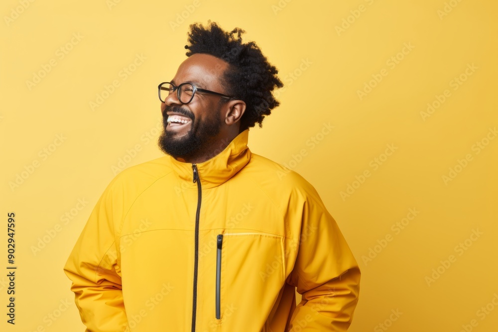Portrait of a glad afro-american man in his 40s wearing a windproof softshell on pastel yellow background Portrait of a glad afro-american man in his 40s wearing a windproof softshell on pastel yellow background