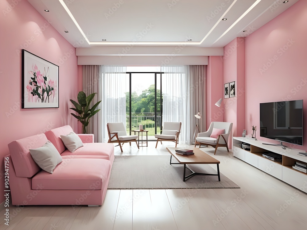 Fototapeta premium Modern living room interior with pink sofa, white armchairs, and a flat screen TV.