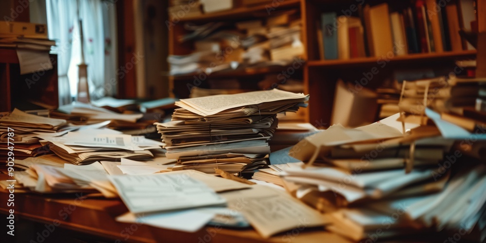 Una scrivania in disordine con pile di libri, carte e documenti, che riflette un ambiente di studio o lavoro intenso e disorganizzato. Perfetto per illustrare caos e produttività. Una scrivania in disordine con pile di libri, carte e documenti, che riflette un ambiente di studio o lavoro intenso e disorganizzato. Perfetto per illustrare caos e produttività.