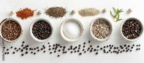 A finely arranged culinary set featuring ceramic bowls filled with peppercorn coriander salt and masala set on a white background for a festive meal invitation with ample copy space for customization