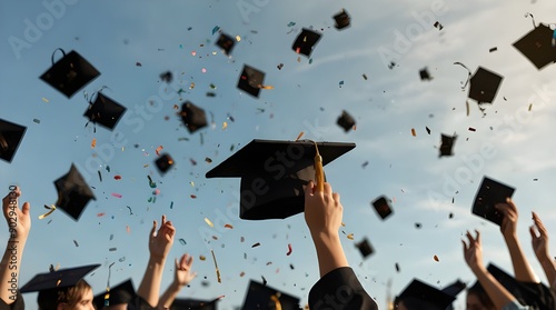  Close-up of a graduation cap hurled into the air, confetti soaring in the sky.