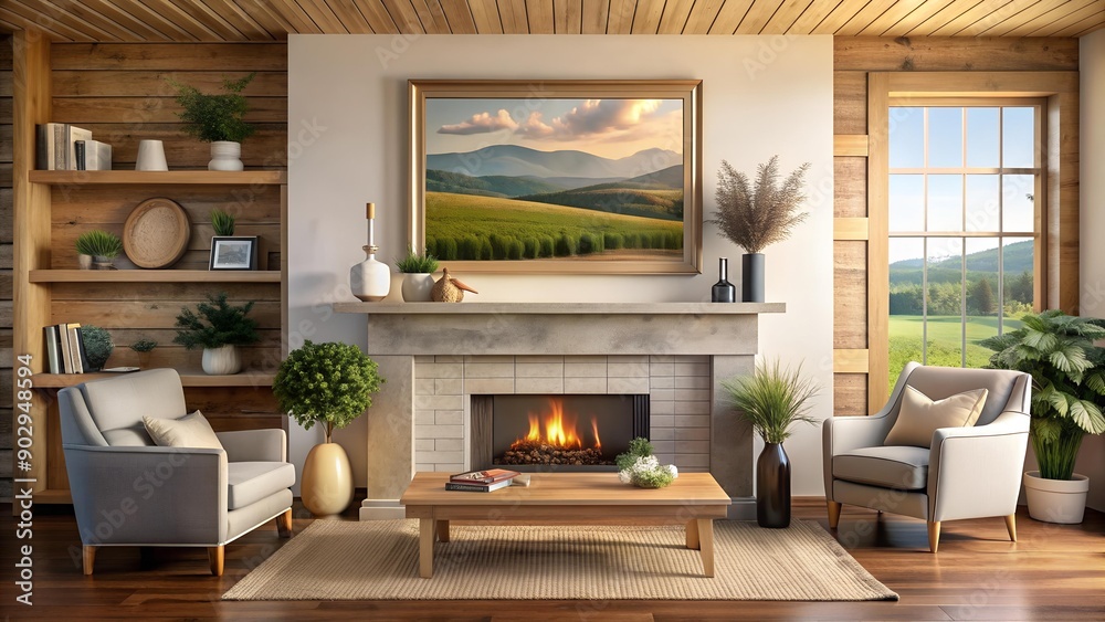 Rustic Charm: A Cozy Farmhouse Living Room with a Mockup Frame Above the Fireplace AI Generated Rustic Charm: A Cozy Farmhouse Living Room with a Mockup Frame Above the Fireplace AI Generated