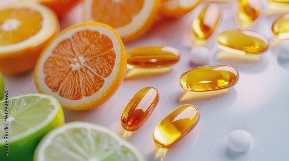 Fototapeta premium Colorful citrus fruits and various supplement capsules symbolize health, wellness, and natural nutrition in a vibrant and refreshing visual.
