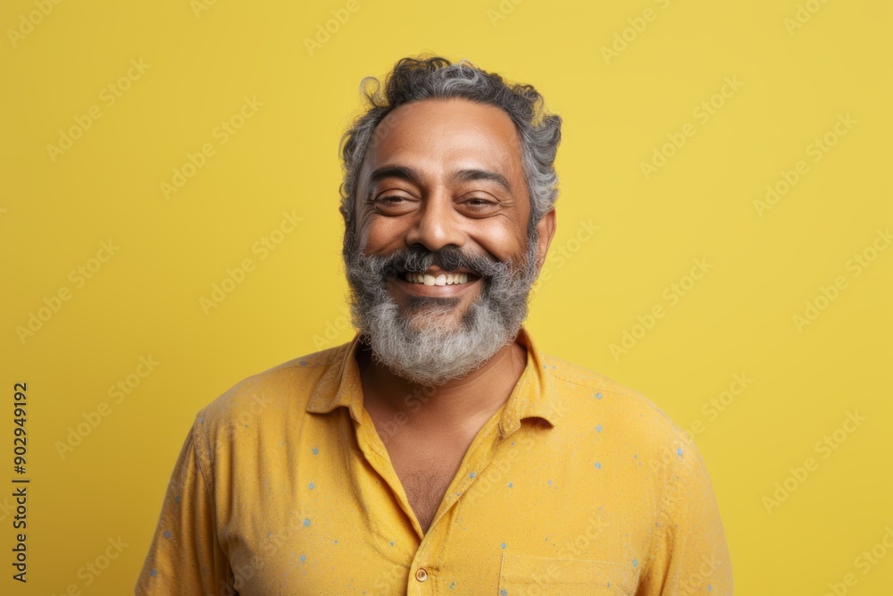 Portrait of a content indian man in his 50s wearing a comfy flannel shirt in pastel yellow background Portrait of a content indian man in his 50s wearing a comfy flannel shirt in pastel yellow background
