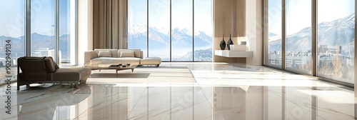 Modern Living Room with Stunning Mountain Views, Floor Tiles, and Natural Light