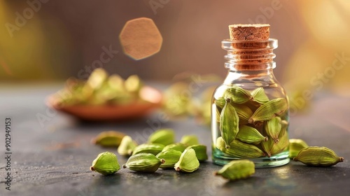 Glass jar filled with cardamom pods on a table, with scattered pods in the background, captured in warm light.