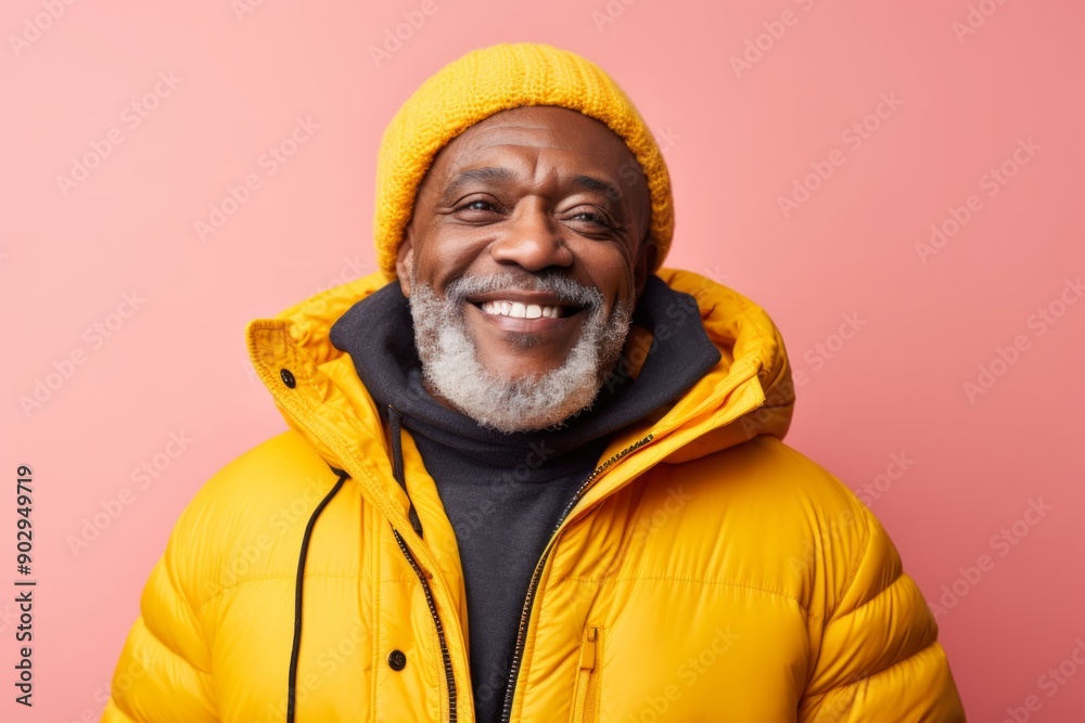Portrait of a cheerful afro-american man in his 60s donning a durable down jacket isolated in pastel yellow background Portrait of a cheerful afro-american man in his 60s donning a durable down jacket isolated in pastel yellow background
