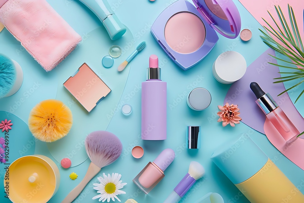 Pastel Makeup Products Background Flat Lay Illustration Pastel Makeup Products Background Flat Lay Illustration