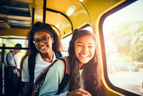 Happy mixed-race multiethnic schoolchildren classmates kids pupils sitting inside school bus waving going back to school lessons classes after summer holidays lockdown. New educational year semester