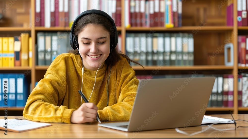 A young student wearing headphones smiles while focused on a laptop in a well-stocked library during study time
