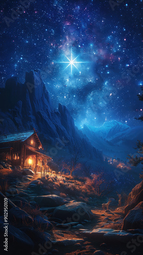 The Star of Bethlehem shining over the stable where Jesus was born. photo