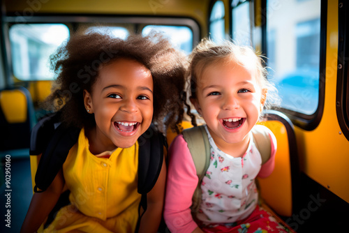 Happy mixed-race multiethnic schoolchildren classmates kids pupils sitting inside school bus waving going back to school lessons classes after summer holidays lockdown. New educational year semester