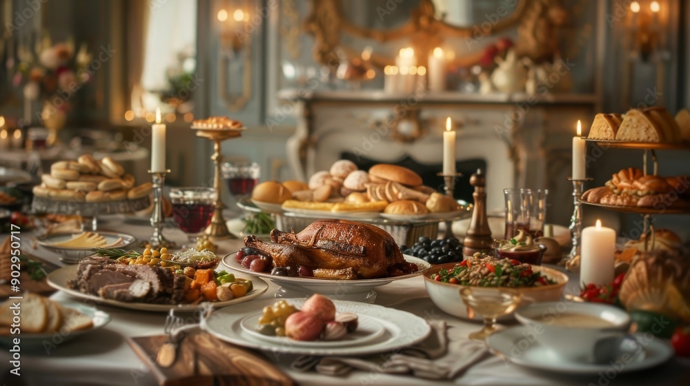 Fototapeta premium Elegant dining table set with a lavish spread of gourmet dishes, candles, and decorations creating a luxurious dining experience.
