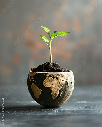 New Life, New Beginnings: A Sapling Growing on a World Globe photo