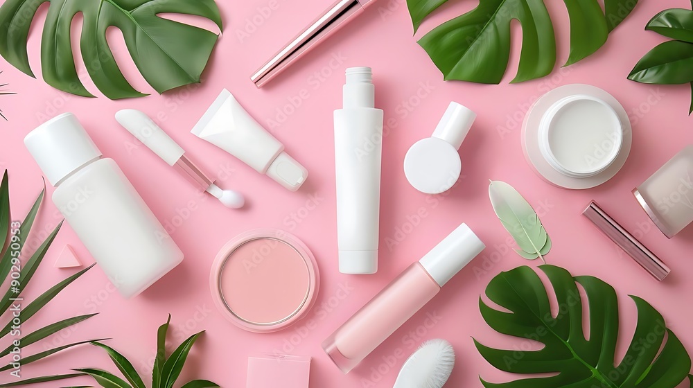 Flat Lay of Beauty Products and Green Leaves on Pink Background - Illustration Flat Lay of Beauty Products and Green Leaves on Pink Background - Illustration