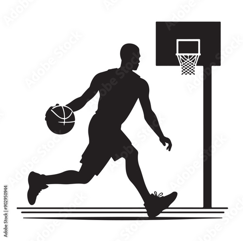 A black and white picture of a basketball player with the ball in his hand silhouette  