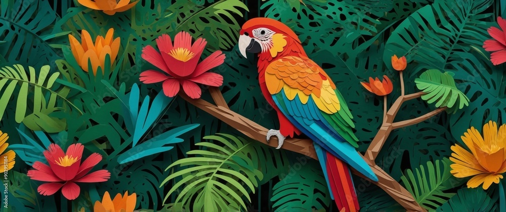 Obraz premium A colorful parrot is perched on a branch in a lush tropical forest.