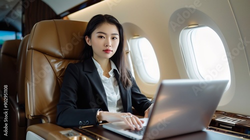 Businesswoman Working on Laptop in Private Jet © Lisa_Art