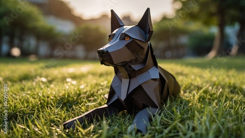 A calm brown and black dog lying on the grass, gazing with soulful eyes. photo