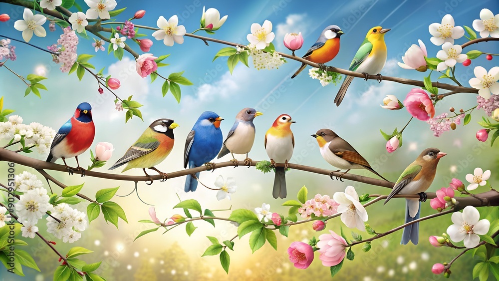 A Symphony of Song: A Vibrant Tapestry of Birds on Blossoming Branches  AI Generated