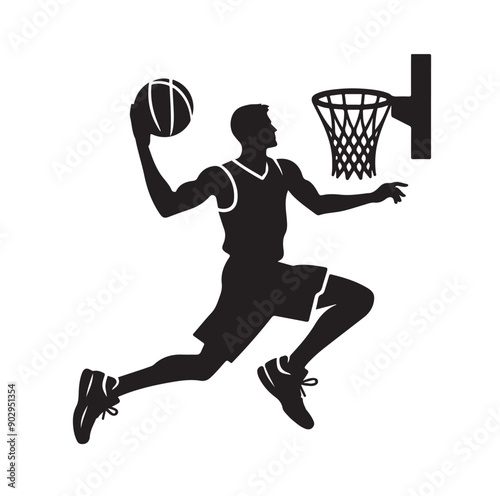 A black and white picture of a basketball player with the ball in his hand silhouette  